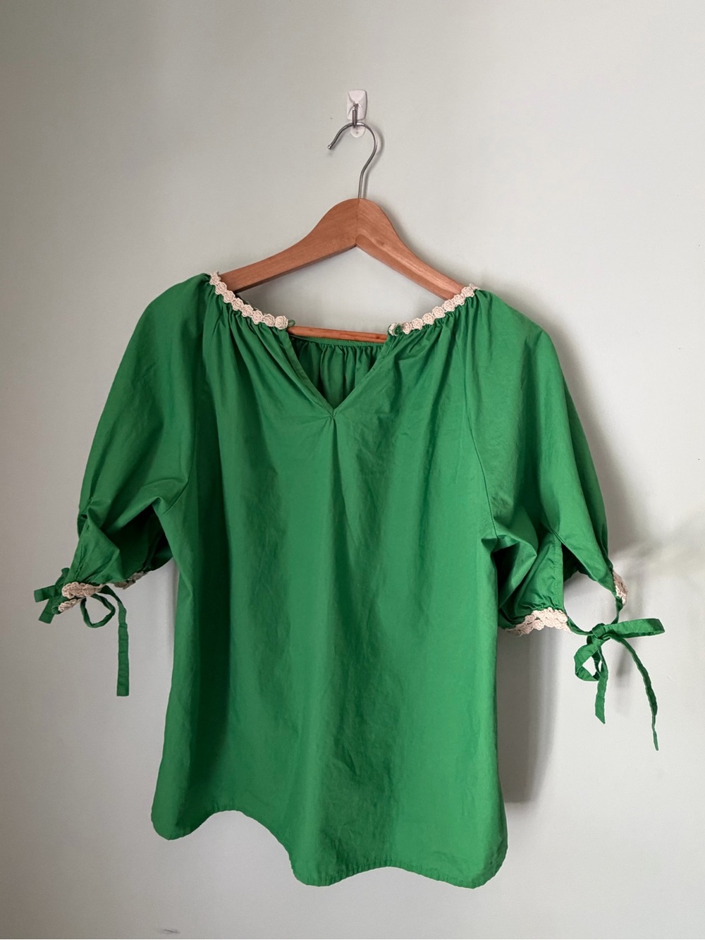 Anthropologie Short Sleeve Deco Trim Popover Green Cotton Puff Sleeve Blouse L - Picture 5 of 7